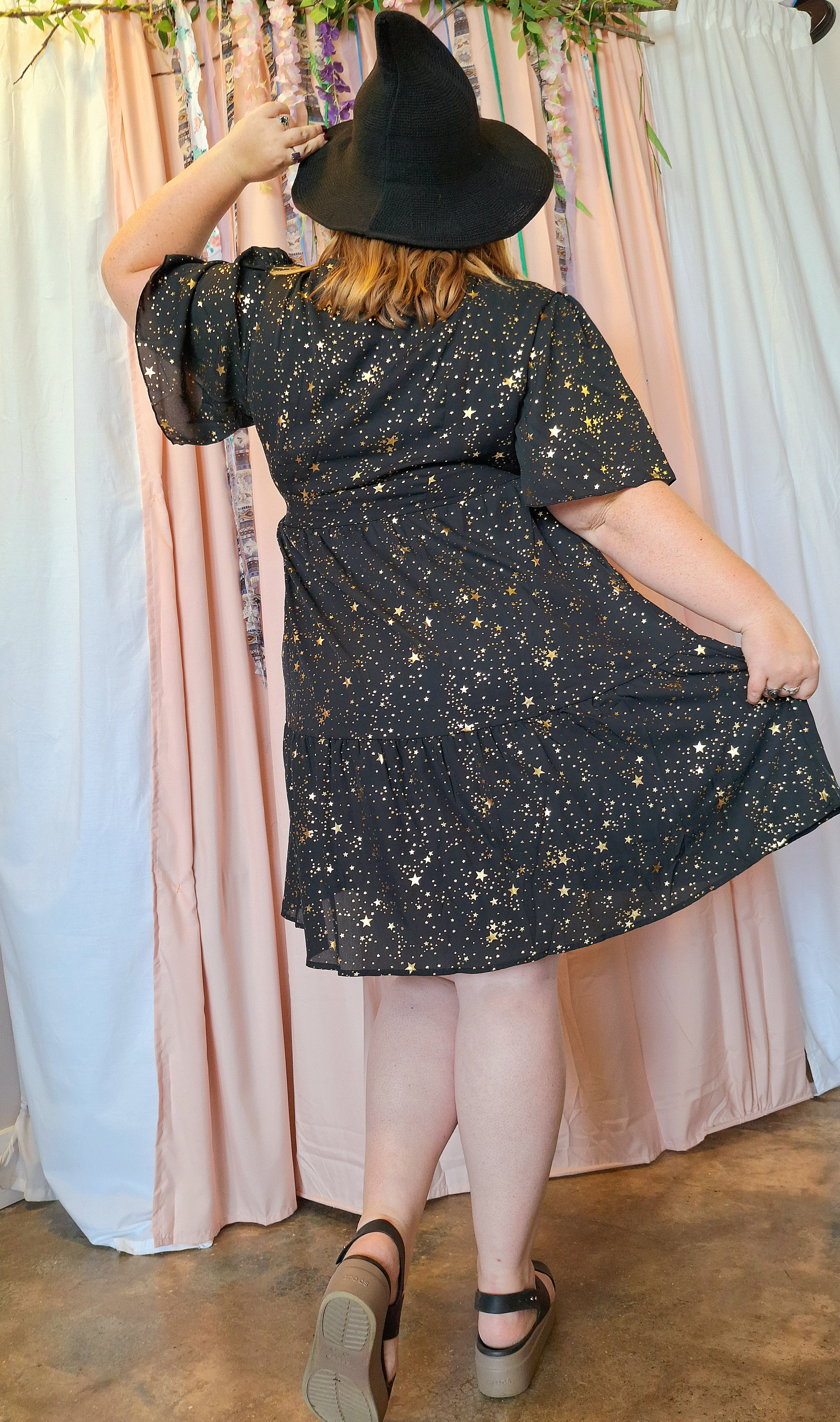 metallic star dress Allegra K Metallic Star Dress for Women's Halloween V Neck Button Up Smocked Chiffon Dresses X-Small Black-Star at Amazon Women's Clothing store